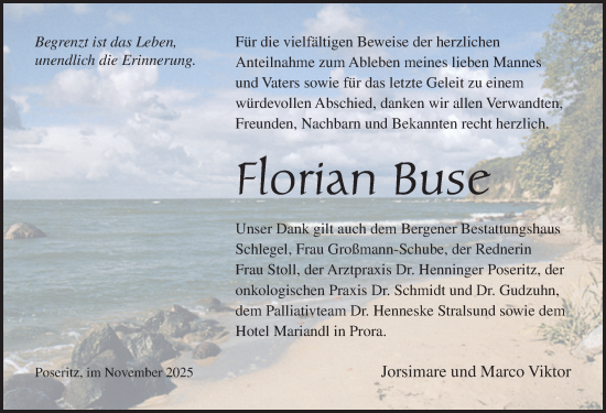 Traueranzeige von Florian Buse von Ostsee-Zeitung GmbH