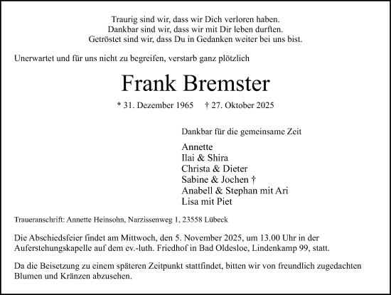 Traueranzeige von Frank Bremster von Lübecker Nachrichten