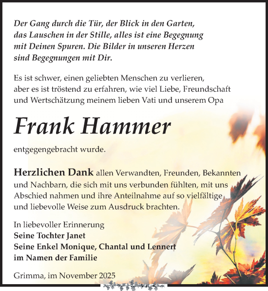 Traueranzeige von Frank Hammer von Leipziger Volkszeitung