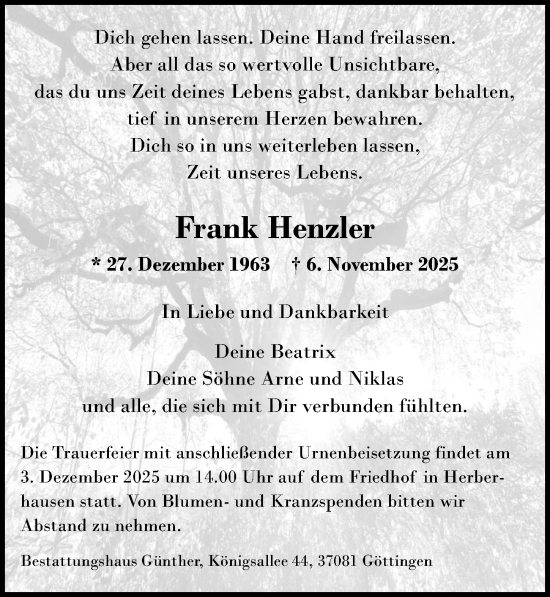 Traueranzeige von Frank Henzler von Göttinger Tageblatt