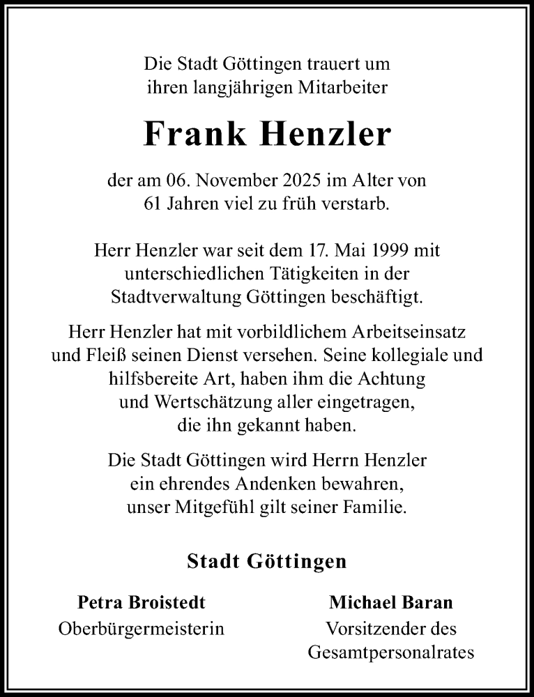  Traueranzeige für Frank Henzler vom 22.11.2025 aus Göttinger Tageblatt