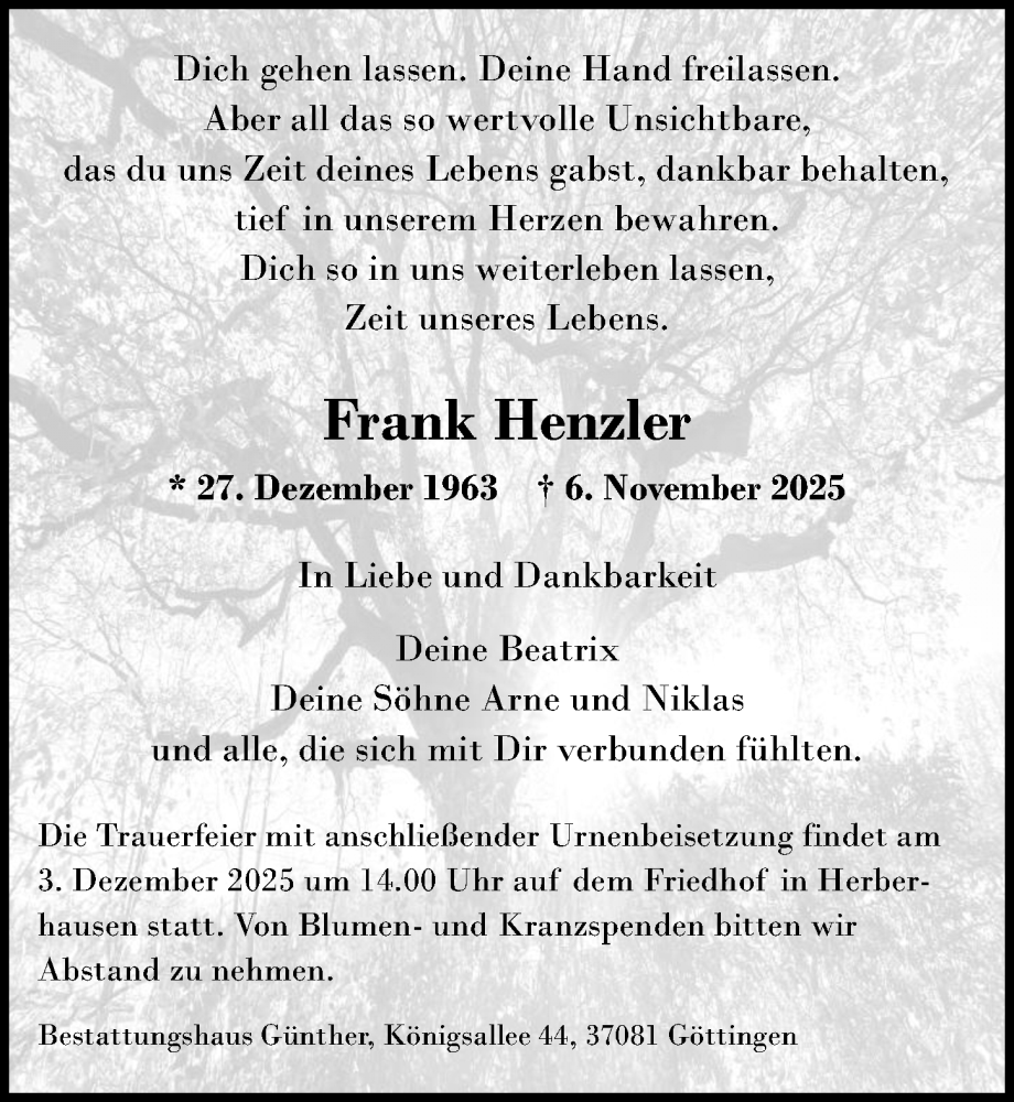  Traueranzeige für Frank Henzler vom 22.11.2025 aus Göttinger Tageblatt