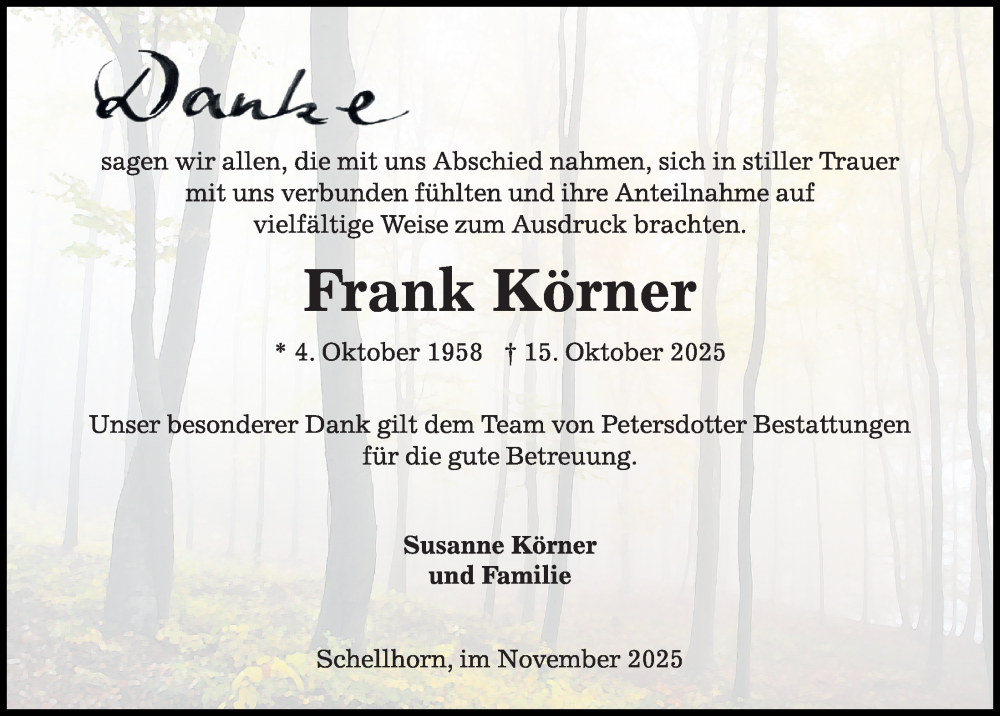  Traueranzeige für Frank Körner vom 22.11.2025 aus Kieler Nachrichten