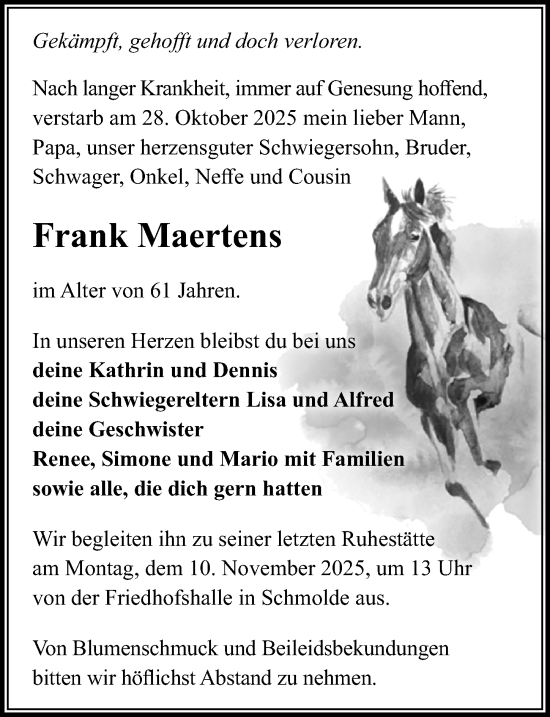 Traueranzeige von Frank Maertens von Wochenspiegel