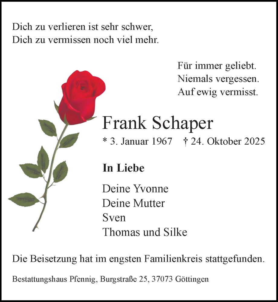  Traueranzeige für Frank Schaper vom 08.11.2025 aus Göttinger Tageblatt