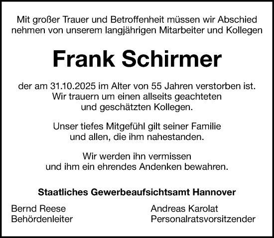 Traueranzeige von Frank Schirmer von Schaumburger Nachrichten