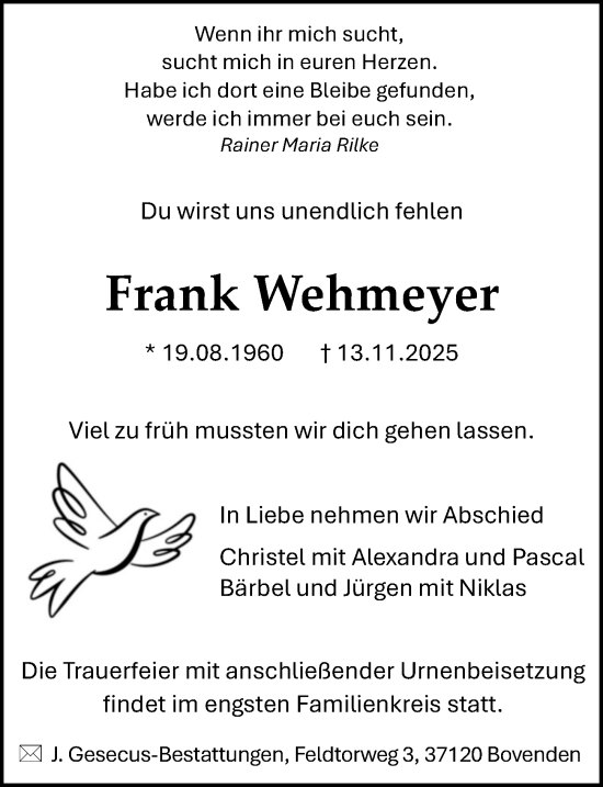 Traueranzeige von Frank Wehmeyer von Göttinger Tageblatt
