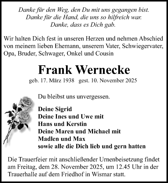 Traueranzeige von Frank Wernecke von Ostsee-Zeitung GmbH