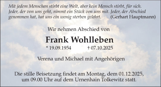 Traueranzeige von Frank Wohlleben von Sächsische Zeitung