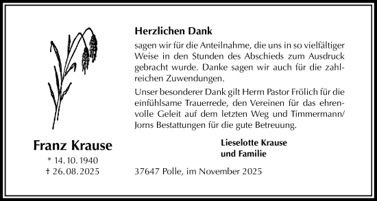 Traueranzeige von Franz Krause von Täglicher Anzeiger Holzminden