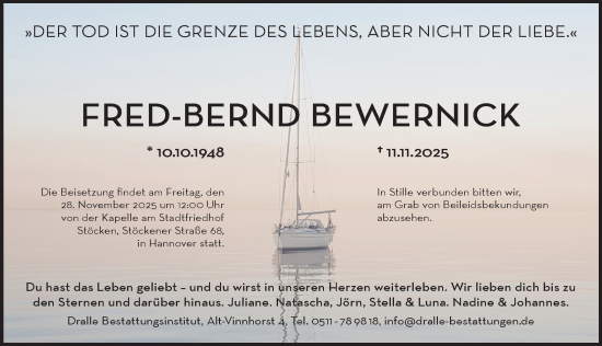 Traueranzeige von Fred-Bernd Bewernick von Hannoversche Allgemeine Zeitung/Neue Presse
