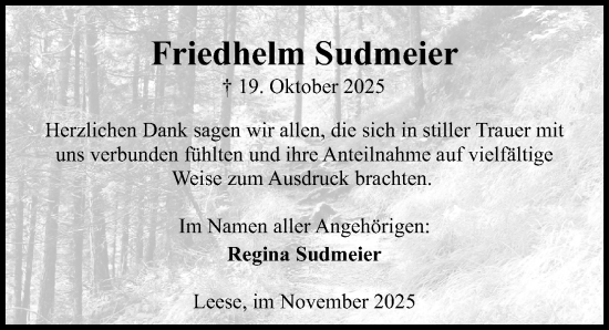 Traueranzeige von Friedhelm Sudmeier von Die Harke