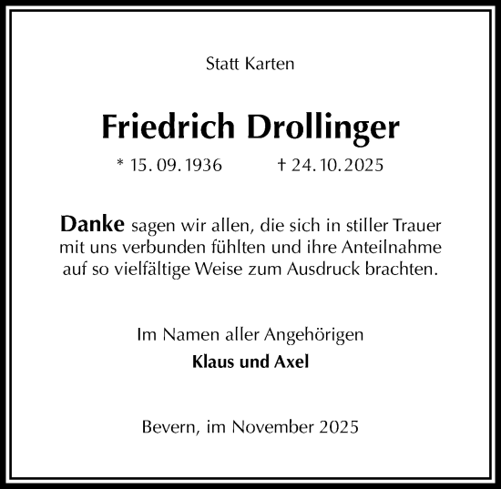 Traueranzeige von Friedrich Drollinger von Täglicher Anzeiger Holzminden