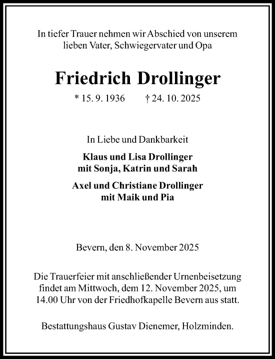 Traueranzeige von Friedrich Drollinger von Täglicher Anzeiger Holzminden