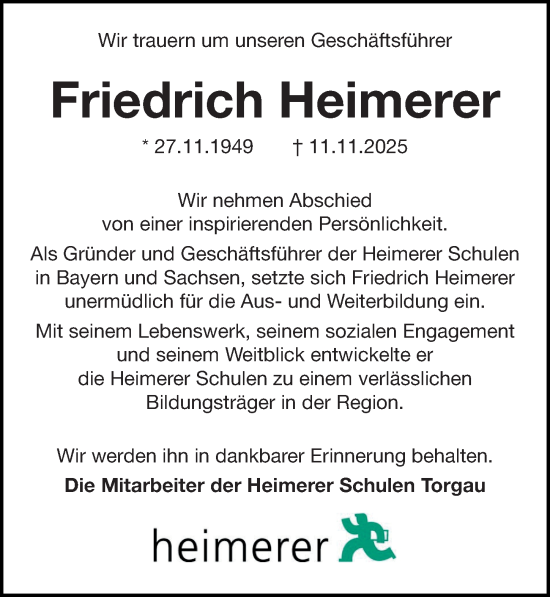 Traueranzeige von Friedrich Heimerer von Torgauer Zeitung
