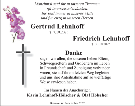 Traueranzeige von Friedrich Lehnhoff von Täglicher Anzeiger Holzminden