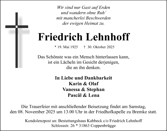 Traueranzeige von Friedrich Lehnhoff von Täglicher Anzeiger Holzminden