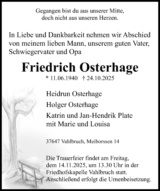 Traueranzeige von Friedrich Osterhage von Täglicher Anzeiger Holzminden