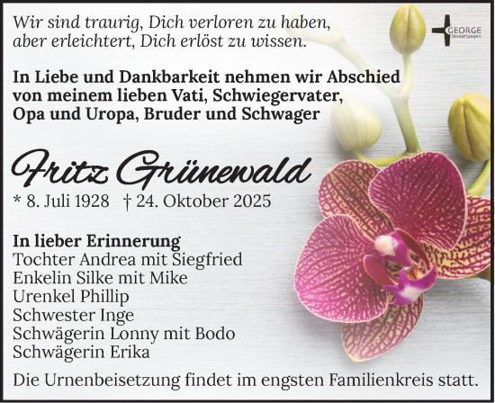 Traueranzeige von Fritz Grünewald von Leipziger Volkszeitung
