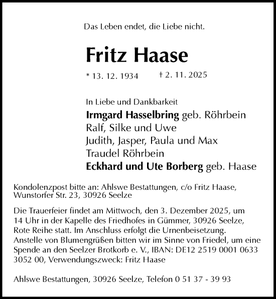 Traueranzeige von Fritz Haase von Hannoversche Allgemeine Zeitung/Neue Presse