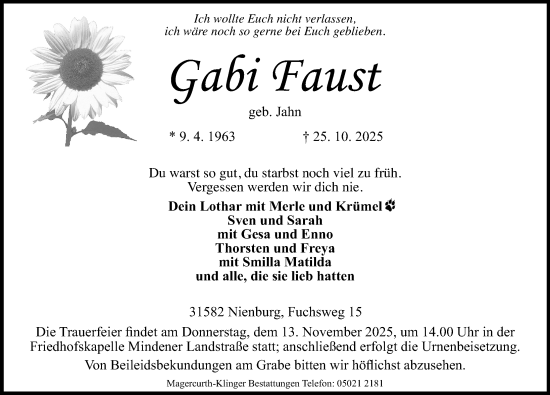 Traueranzeige von Gabi Faust von Die Harke