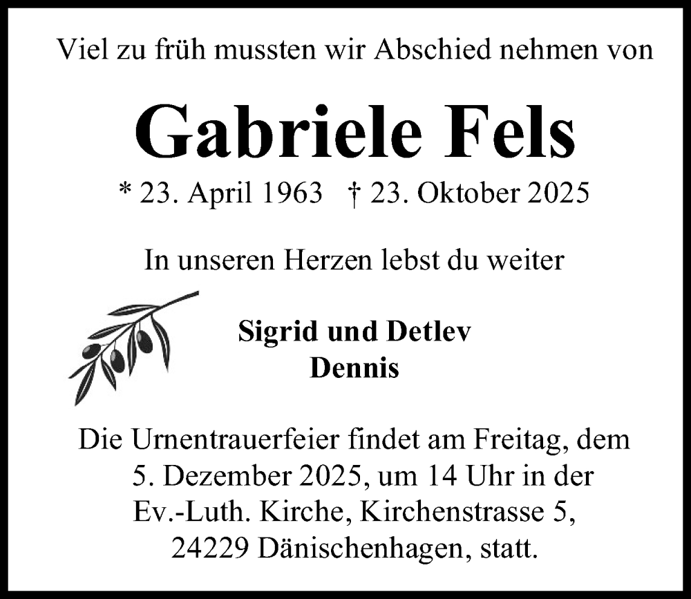  Traueranzeige für Gabriele Fels vom 22.11.2025 aus Kieler Nachrichten