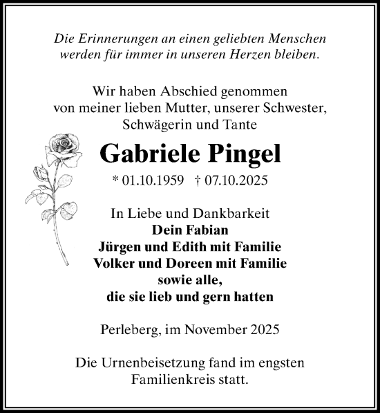 Traueranzeige von Gabriele Pingel von Wochenspiegel