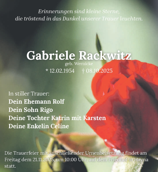 Traueranzeige von Gabriele Rackwitz von Leipziger Volkszeitung