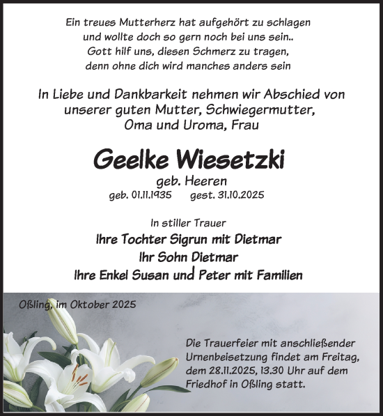 Traueranzeige von Geelke Wiesetzki von Sächsische Zeitung