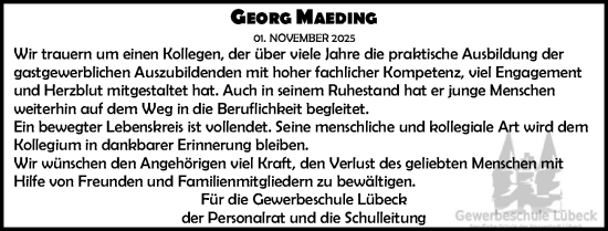 Traueranzeige von Georg Maeding von Lübecker Nachrichten