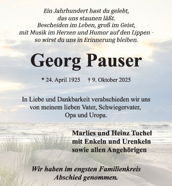 Traueranzeige von Georg Pauser von Kieler Nachrichten