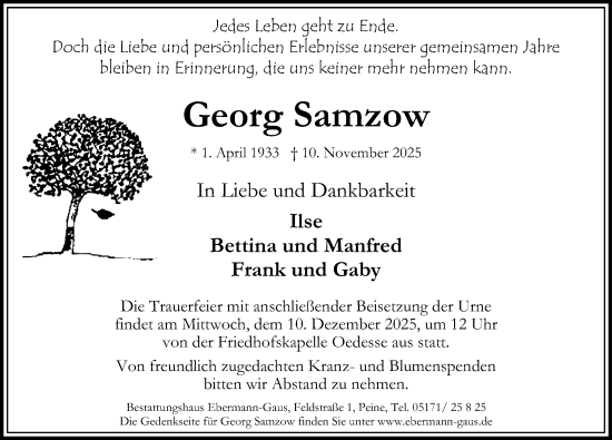Traueranzeige von Georg Samzow von Peiner Allgemeine Zeitung