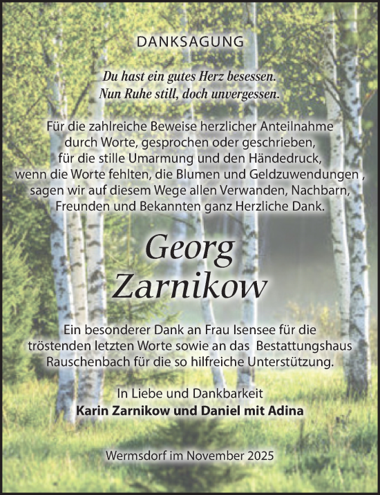 Traueranzeige von Georg Zarnikow von Leipziger Volkszeitung