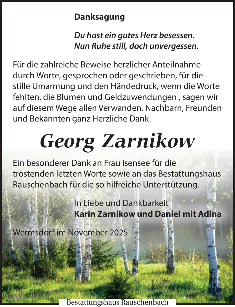  Traueranzeige für Georg Zarnikow vom 08.11.2025 aus Leipziger Volkszeitung