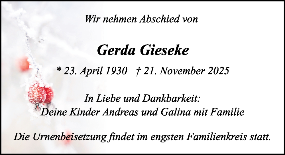  Traueranzeige für Gerda Gieseke vom 29.11.2025 aus Sächsische Zeitung