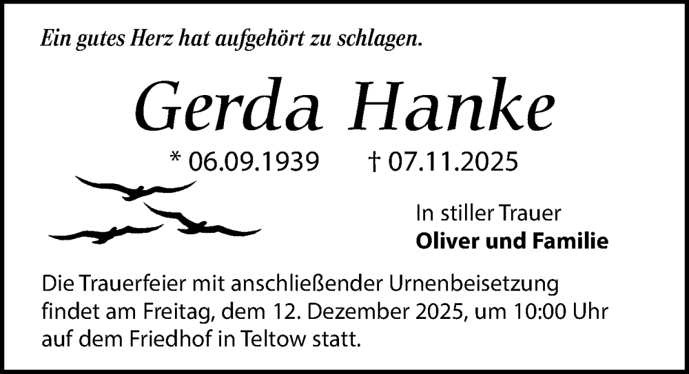  Traueranzeige für Gerda Hanke vom 29.11.2025 aus Märkischen Allgemeine Zeitung