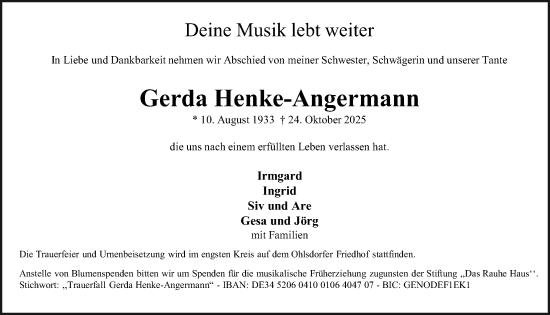 Traueranzeige von Gerda Henke-Angermann von Kieler Nachrichten