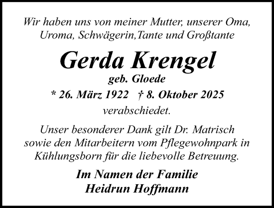 Traueranzeige von Gerda Krengel von Ostsee-Zeitung GmbH