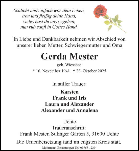 Traueranzeige von Gerda Mester von Die Harke