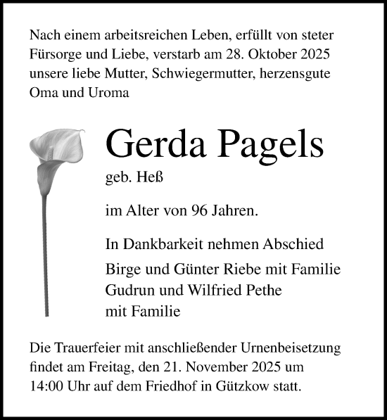 Traueranzeige von Gerda Pagels von Ostsee-Zeitung GmbH