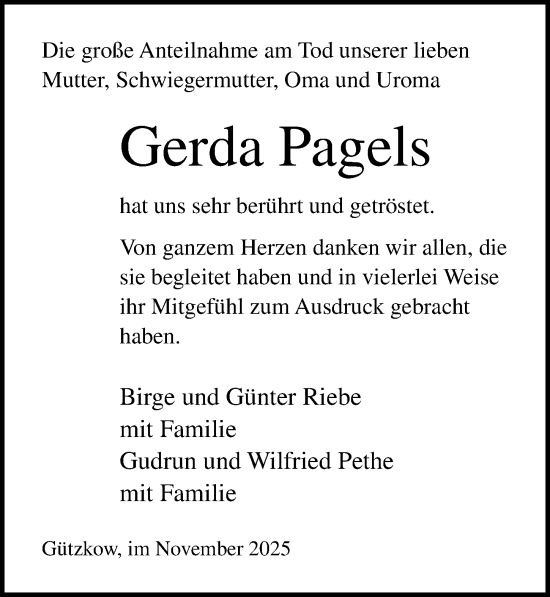 Traueranzeige von Gerda Pagels von Ostsee-Zeitung GmbH