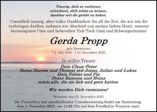 Traueranzeige von Gerda Propp von Ostsee-Zeitung GmbH