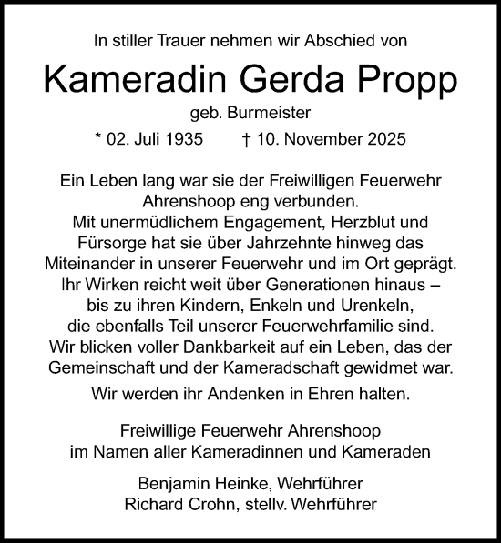 Traueranzeige von Gerda Propp von Ostsee-Zeitung GmbH
