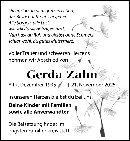 Traueranzeige von Gerda Zahn von Wochenspiegel