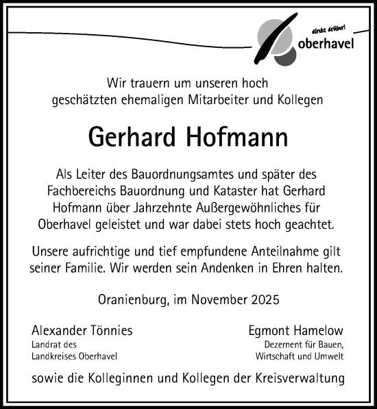 Traueranzeige von Gerhard Hofmann von Märkischen Allgemeine Zeitung