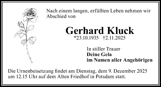 Traueranzeige von Gerhard Kluck von Märkischen Allgemeine Zeitung