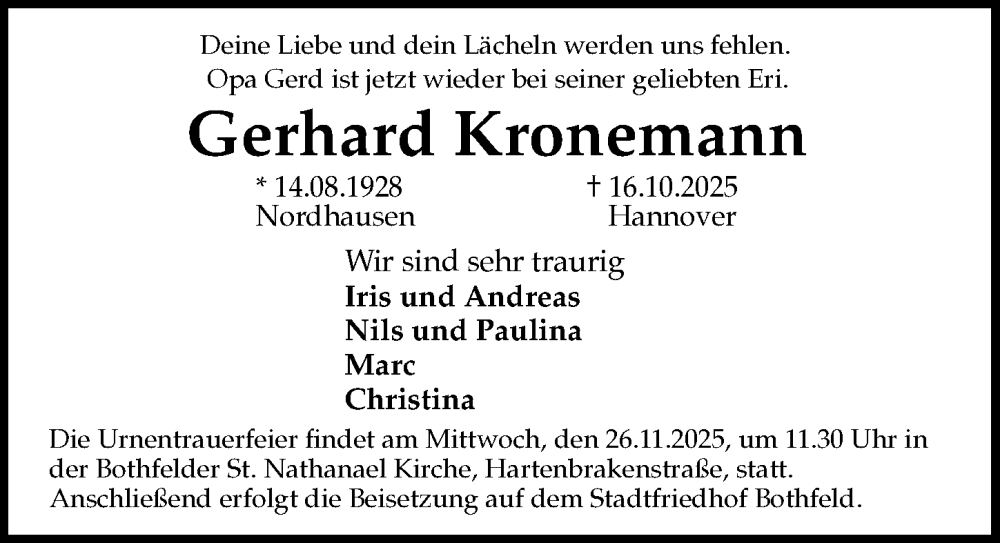  Traueranzeige für Gerhard Kronemann vom 15.11.2025 aus Hannoversche Allgemeine Zeitung/Neue Presse