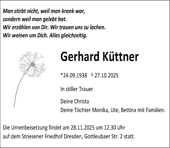 Traueranzeige von Gerhard Küttner von Sächsische Zeitung