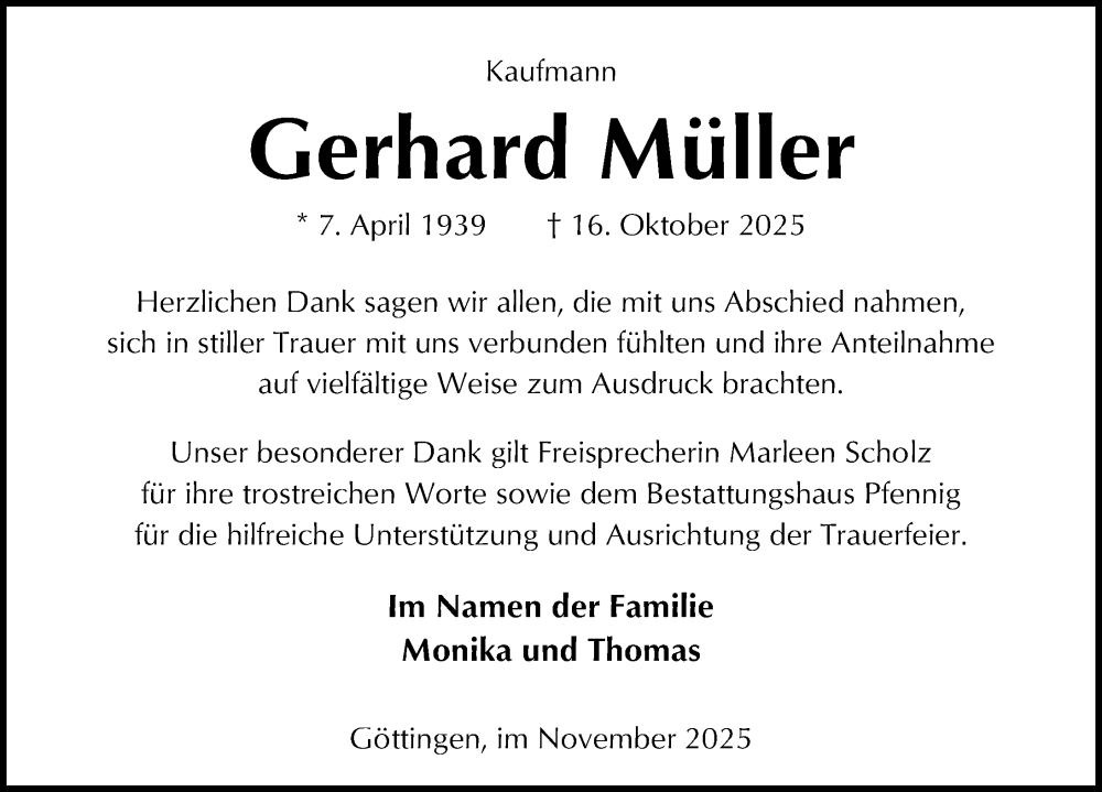  Traueranzeige für Gerhard Müller vom 29.11.2025 aus Göttinger Tageblatt