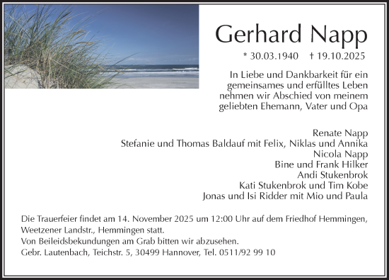 Traueranzeige von Gerhard Napp von Hannoversche Allgemeine Zeitung/Neue Presse